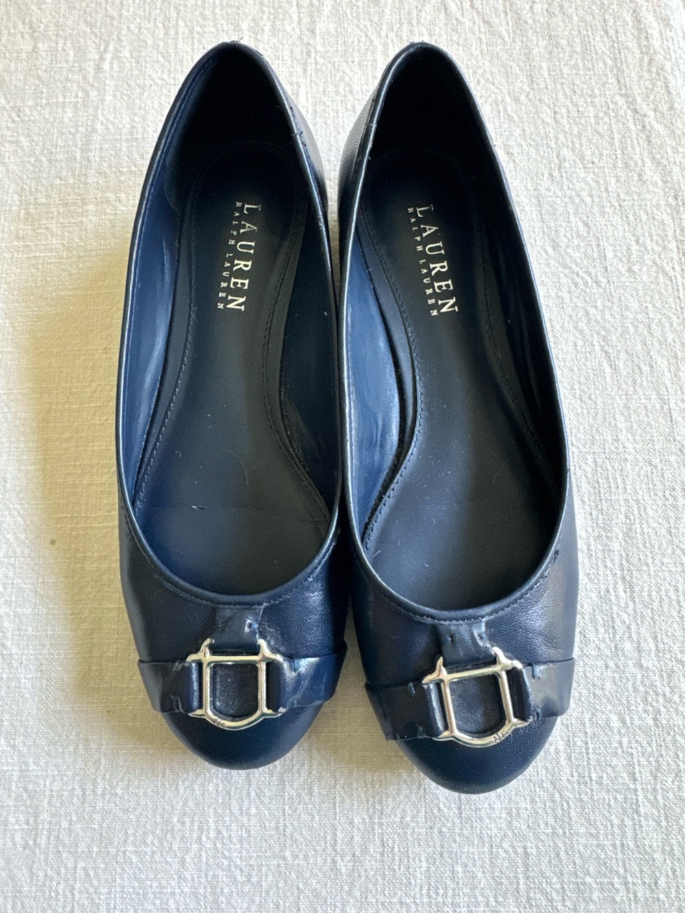 Ralph Lauren Navy Leather Ballet Flats with Gold Buckle Accent